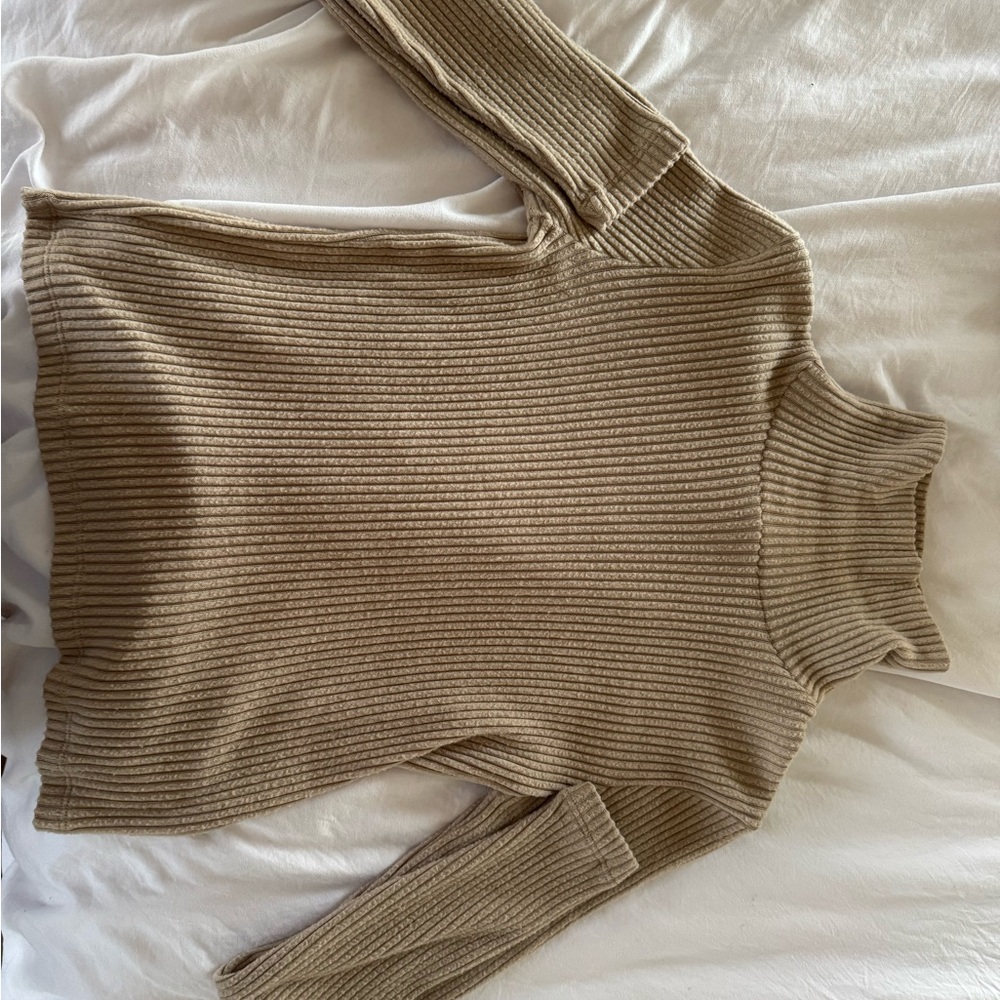 Tan Long Sleeve Ribbed Knit Tee